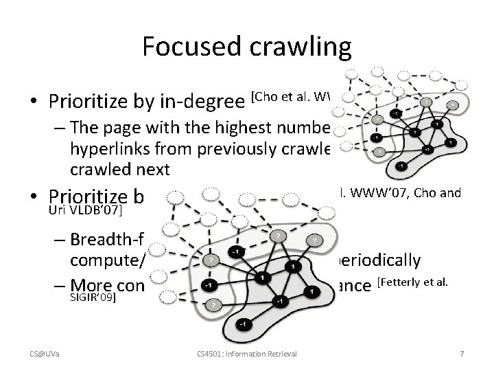 Focused crawling • Prioritize by in-degree [Cho et al. WWW’ 98] – The page