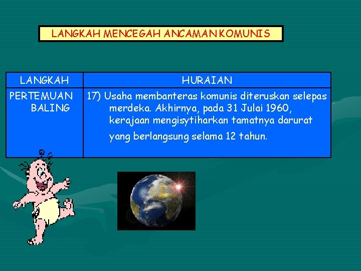 LANGKAH MENCEGAH ANCAMAN KOMUNIS LANGKAH PERTEMUAN BALING HURAIAN 17) Usaha membanteras komunis diteruskan selepas