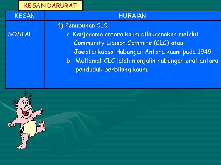 KESAN DARURAT KESAN SOSIAL HURAIAN 4) Penubuhan CLC a. Kerjasama antara kaum dilaksanakan melalui