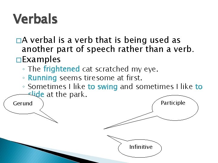 Verbals �A verbal is a verb that is being used as another part of