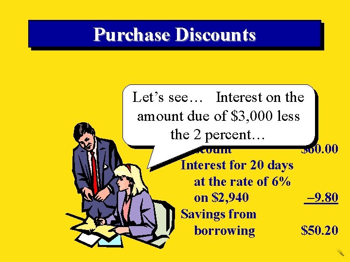 Purchase Discounts Let’s see… Interest on the amount due of $3, 000 less the