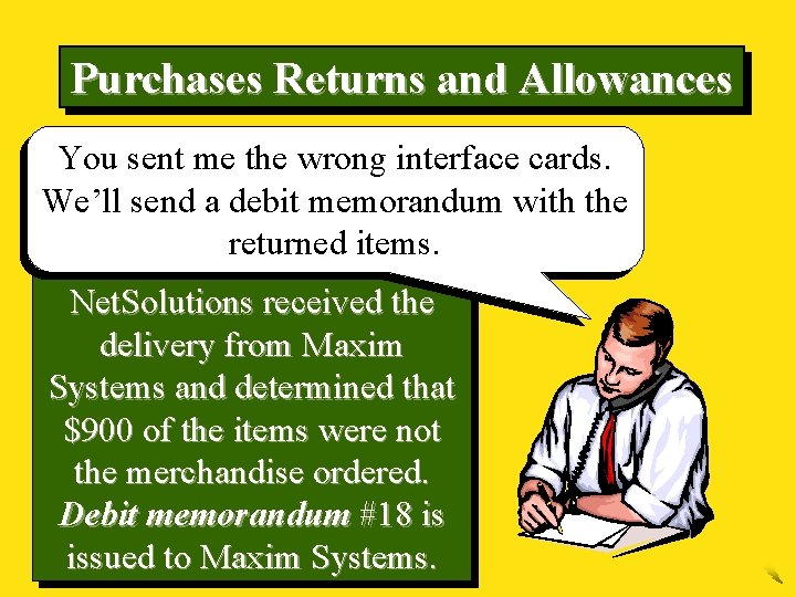 Purchases Returns and Allowances You sent me the wrong interface cards. We’ll send a