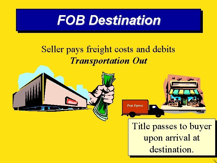 FOB Destination Seller pays freight costs and debits Transportation Out Fruit Express Title passes