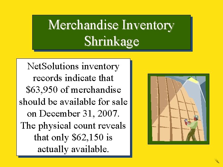 Merchandise Inventory Shrinkage Net. Solutions inventory records indicate that $63, 950 of merchandise should