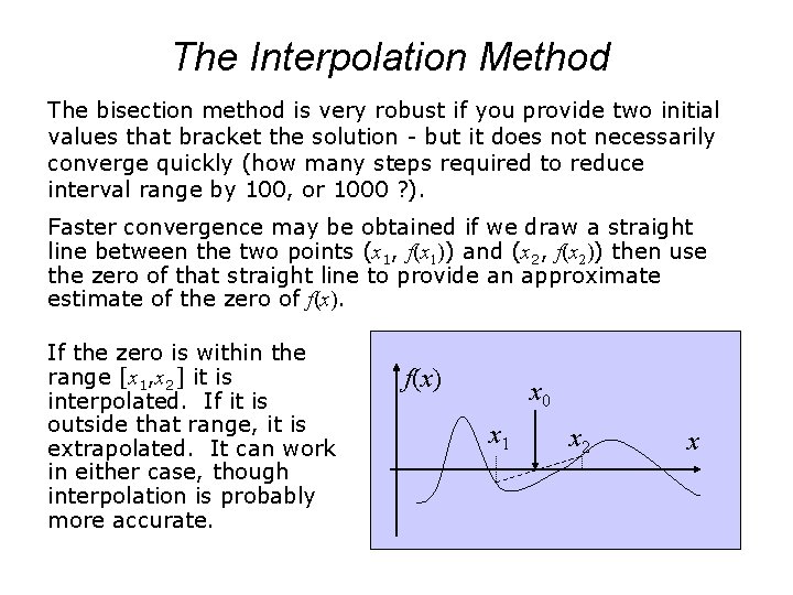 The Interpolation Method The bisection method is very robust if you provide two initial
