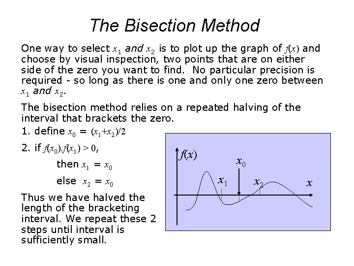 The Bisection Method One way to select x 1 and x 2 is to