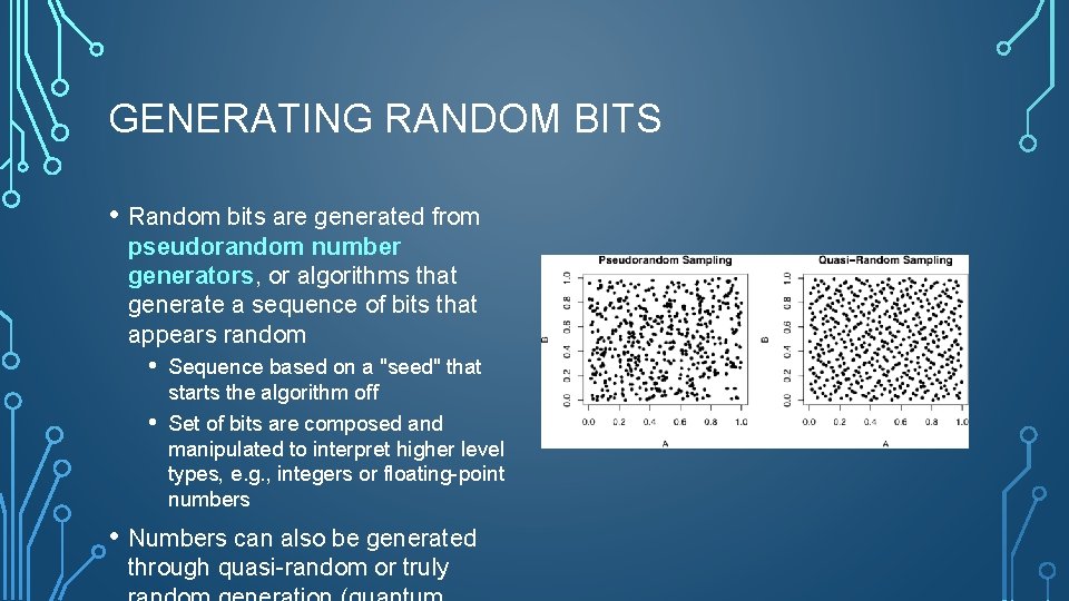 GENERATING RANDOM BITS • Random bits are generated from pseudorandom number generators, or algorithms