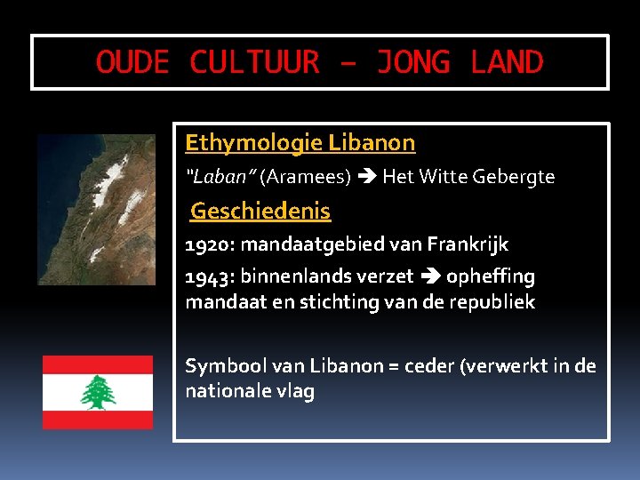 OUDE CULTUUR – JONG LAND Ethymologie Libanon “Laban” (Aramees) Het Witte Gebergte Geschiedenis 1920: