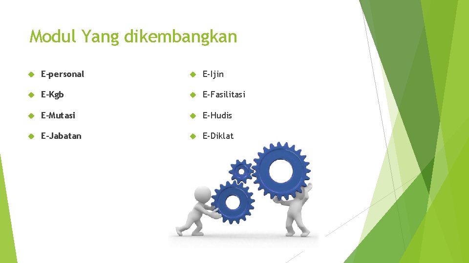 Modul Yang dikembangkan E-personal E-Ijin E-Kgb E-Fasilitasi E-Mutasi E-Hudis E-Jabatan E-Diklat Modul Yang dikembangkan E-personal E-Ijin E-Kgb E-Fasilitasi E-Mutasi E-Hudis E-Jabatan E-Diklat