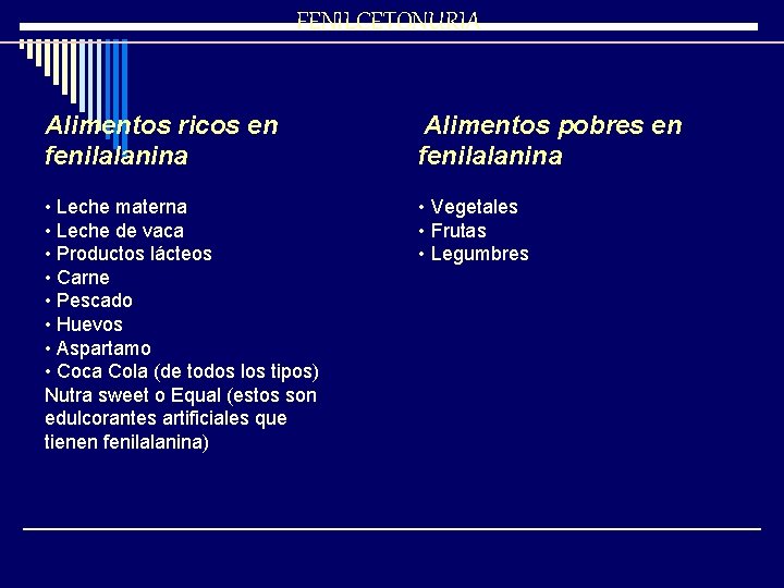 FENILCETONURIA Alimentos ricos en fenilalanina • Leche materna • Leche de vaca • Productos