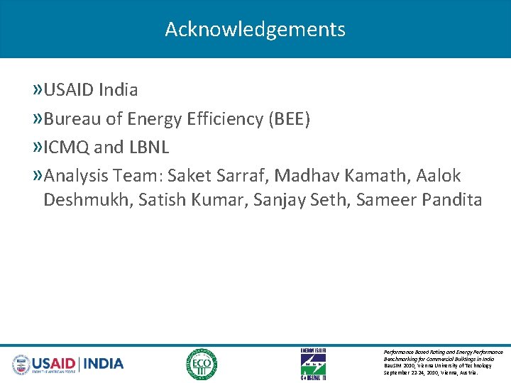 Acknowledgements » USAID India » Bureau of Energy Efficiency (BEE) » ICMQ and LBNL