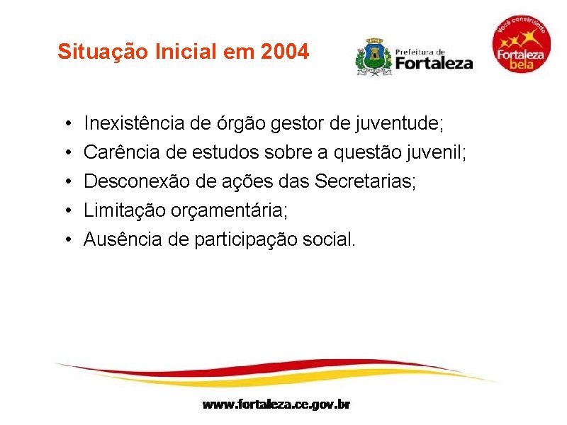 Situação Inicial em 2004 • • • Inexistência de órgão gestor de juventude; Carência