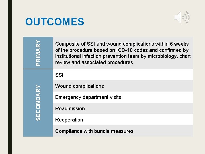 PRIMARY OUTCOMES Composite of SSI and wound complications within 6 weeks of the procedure