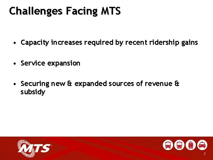 Challenges Facing MTS • Capacity increases required by recent ridership gains • Service expansion