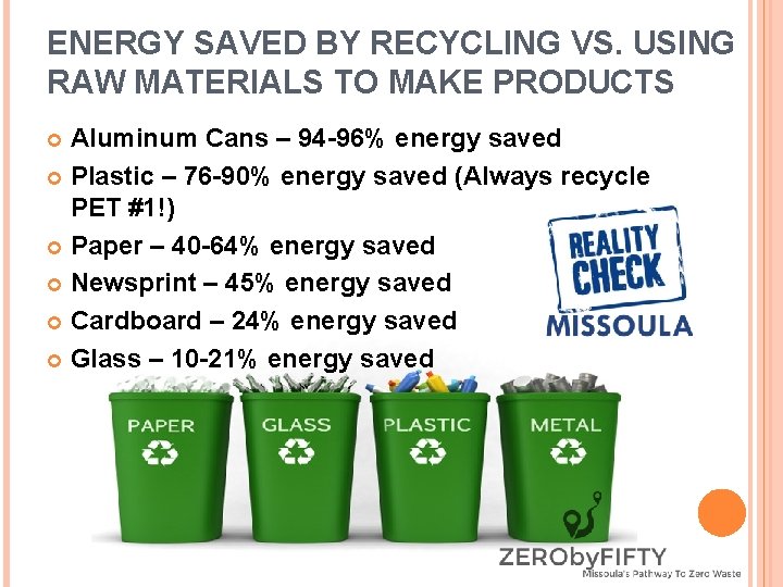 ENERGY SAVED BY RECYCLING VS. USING RAW MATERIALS TO MAKE PRODUCTS Aluminum Cans –