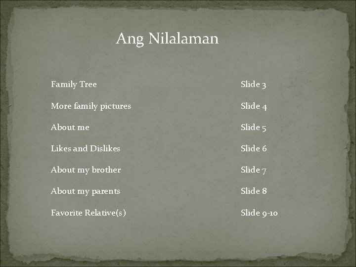 Ang Nilalaman Family Tree Slide 3 More family pictures Slide 4 About me Slide