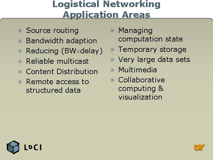 Logistical Networking Application Areas » » » Source routing Bandwidth adaption Reducing (BW delay)