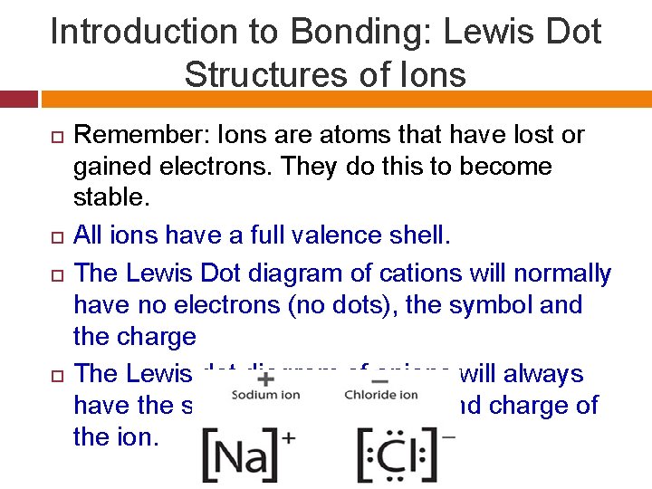 Introduction to Bonding: Lewis Dot Structures of Ions Remember: Ions are atoms that have