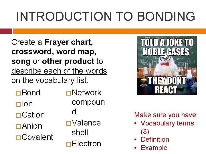 INTRODUCTION TO BONDING Create a Frayer chart, crossword, word map, song or other product