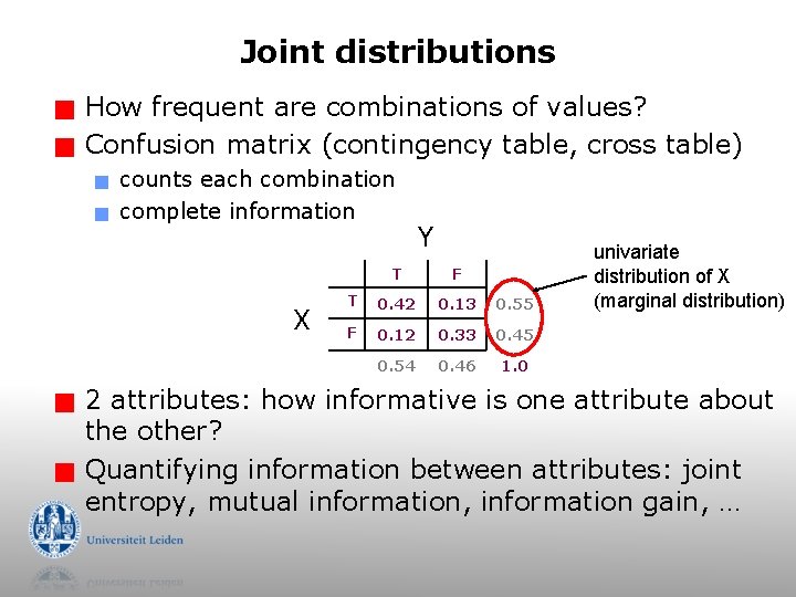Joint distributions g g How frequent are combinations of values? Confusion matrix (contingency table,