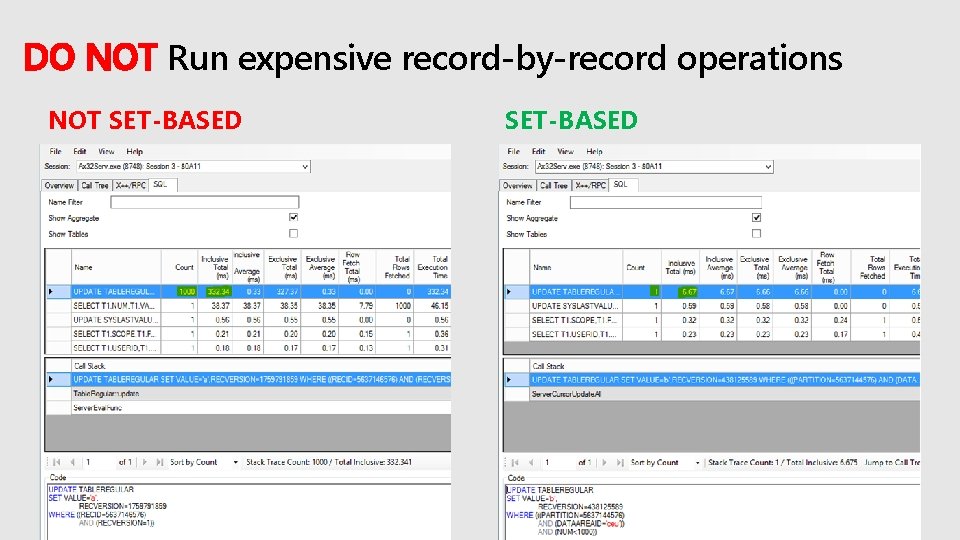 DO NOT Run expensive record-by-record operations NOT SET-BASED 