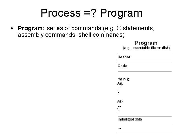 Process =? Program • Program: series of commands (e. g. C statements, assembly commands,