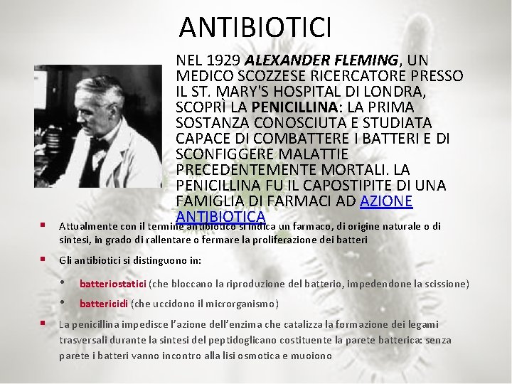 ANTIBIOTICI NEL 1929 ALEXANDER FLEMING, UN MEDICO SCOZZESE RICERCATORE PRESSO IL ST. MARY'S HOSPITAL