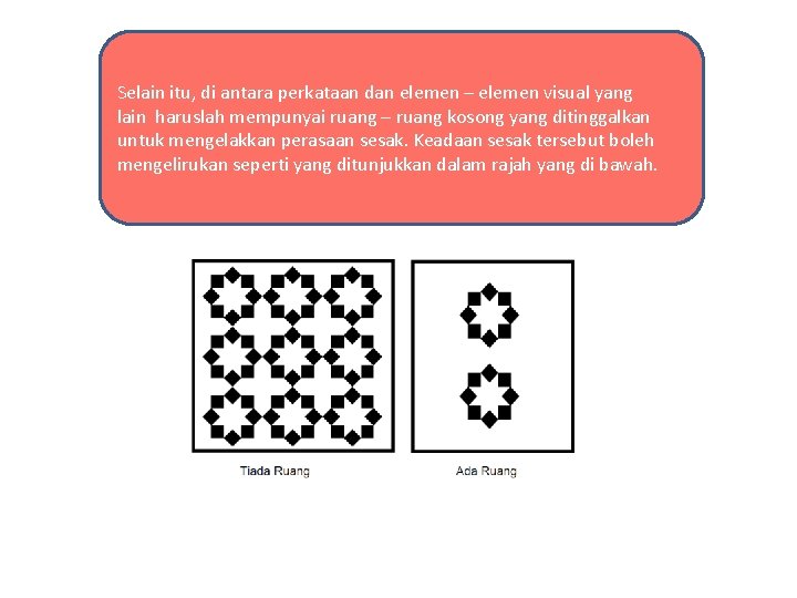 Selain itu, di antara perkataan dan elemen – elemen visual yang lain haruslah mempunyai