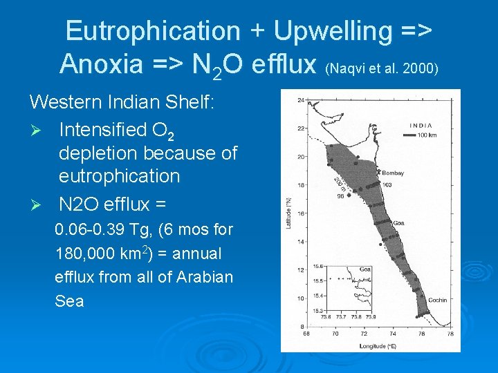 Eutrophication + Upwelling => Anoxia => N 2 O efflux (Naqvi et al. 2000)