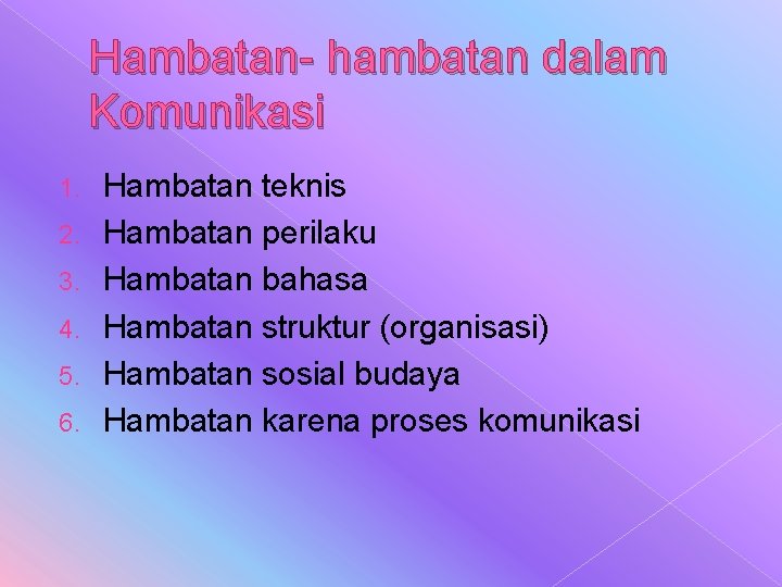 Hambatan- hambatan dalam Komunikasi 1. 2. 3. 4. 5. 6. Hambatan teknis Hambatan perilaku