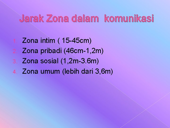 Jarak Zona dalam komunikasi Zona intim ( 15 -45 cm) 2. Zona pribadi (46