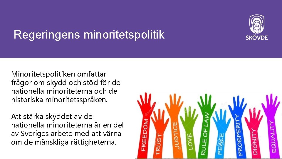 Regeringens minoritetspolitik Minoritetspolitiken omfattar frågor om skydd och stöd för de nationella minoriteterna och