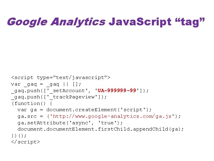 Google Analytics Java. Script “tag” <script type="text/javascript"> var _gaq = _gaq || []; _gaq.