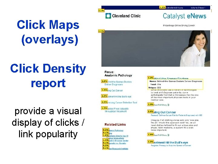 Click Maps (overlays) Click Density report provide a visual display of clicks / link