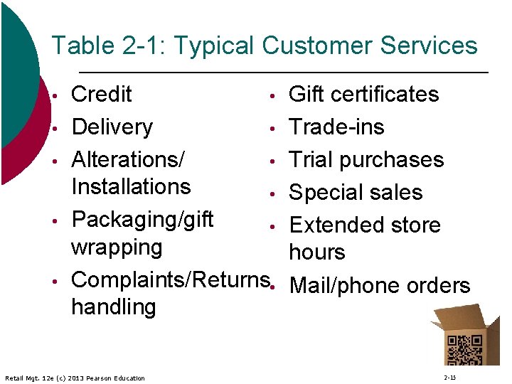 Table 2 -1: Typical Customer Services • • • Credit • Delivery • Alterations/