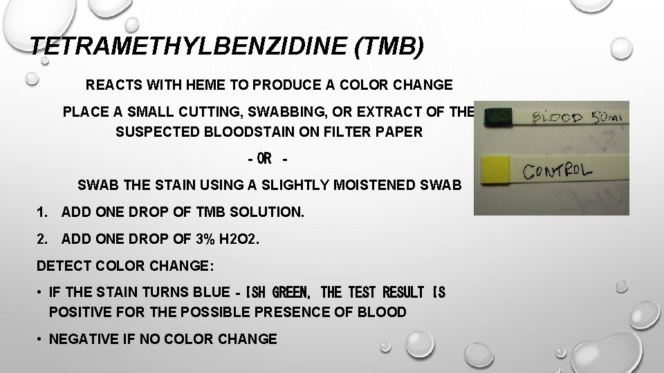 TETRAMETHYLBENZIDINE (TMB) REACTS WITH HEME TO PRODUCE A COLOR CHANGE PLACE A SMALL CUTTING,