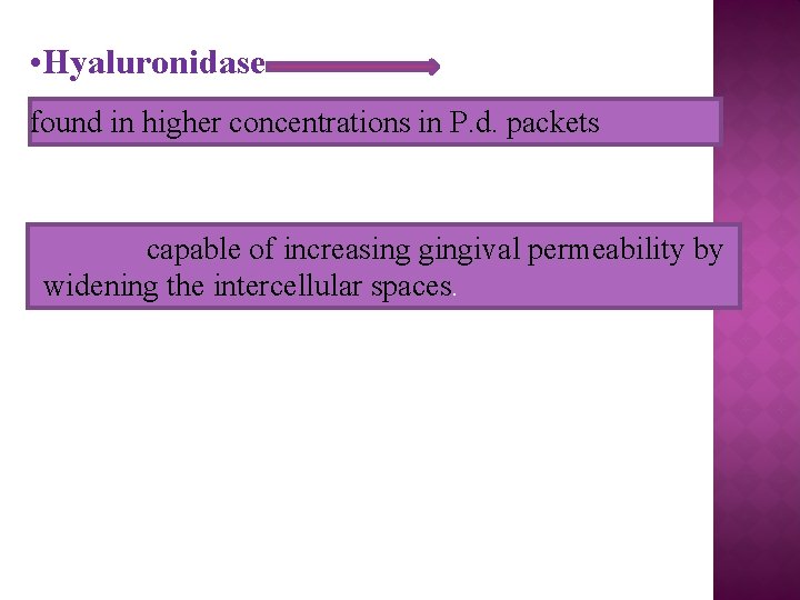  • Hyaluronidase found in higher concentrations in P. d. packets capable of increasing