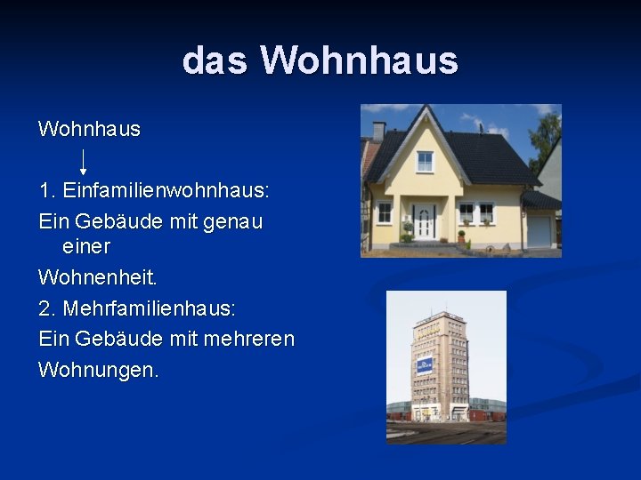 das Wohnhaus 1. Einfamilienwohnhaus: Ein Gebäude mit genau einer Wohnenheit. 2. Mehrfamilienhaus: Ein Gebäude
