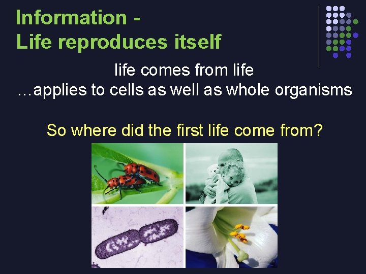 Information Life reproduces itself life comes from life …applies to cells as well as