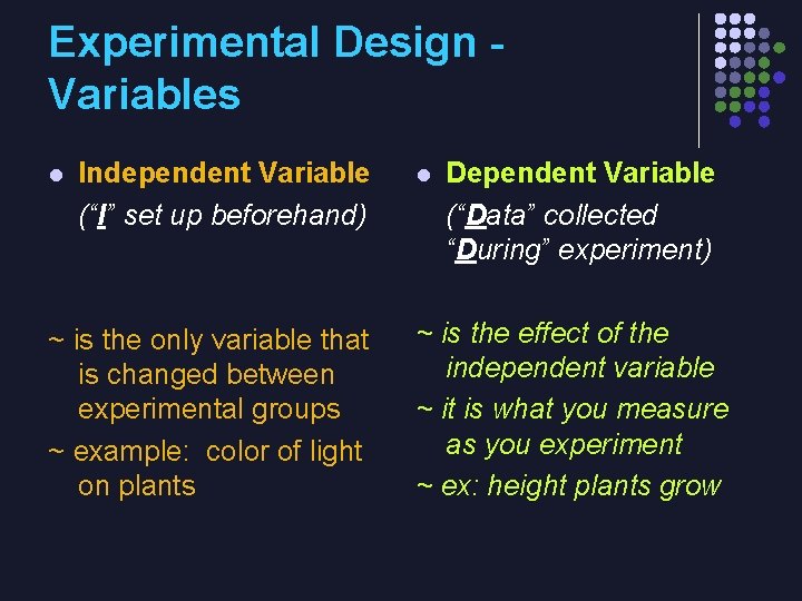 Experimental Design Variables l Independent Variable (“I” set up beforehand) ~ is the only