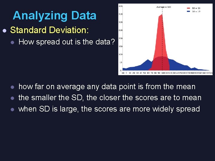 Analyzing Data l Standard Deviation: l How spread out is the data? l how