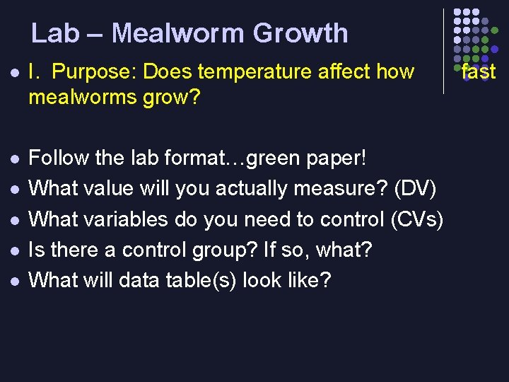 Lab – Mealworm Growth l I. Purpose: Does temperature affect how mealworms grow? l