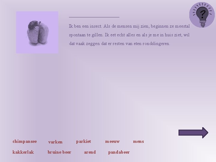 ___________ Ik ben een insect. Als de mensen mij zien, beginnen ze meestal spontaan