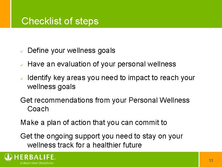 Checklist of steps Define your wellness goals Have an evaluation of your personal wellness