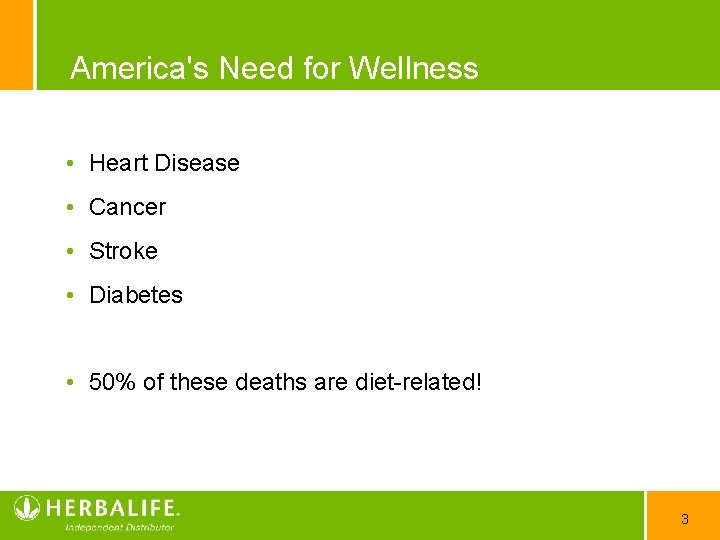 America's Need for Wellness • Heart Disease • Cancer • Stroke • Diabetes •