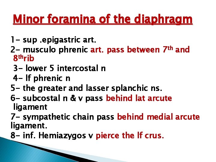 Minor foramina of the diaphragm 1 - sup. epigastric art. 2 - musculo phrenic