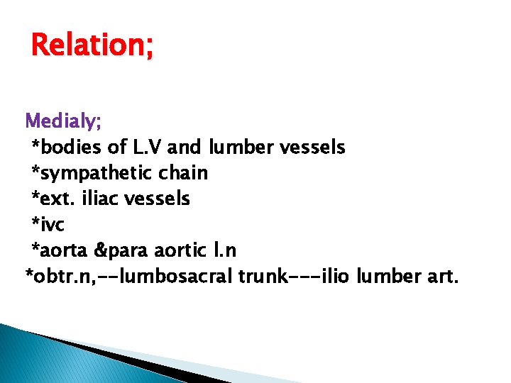 Relation; Medialy; *bodies of L. V and lumber vessels *sympathetic chain *ext. iliac vessels