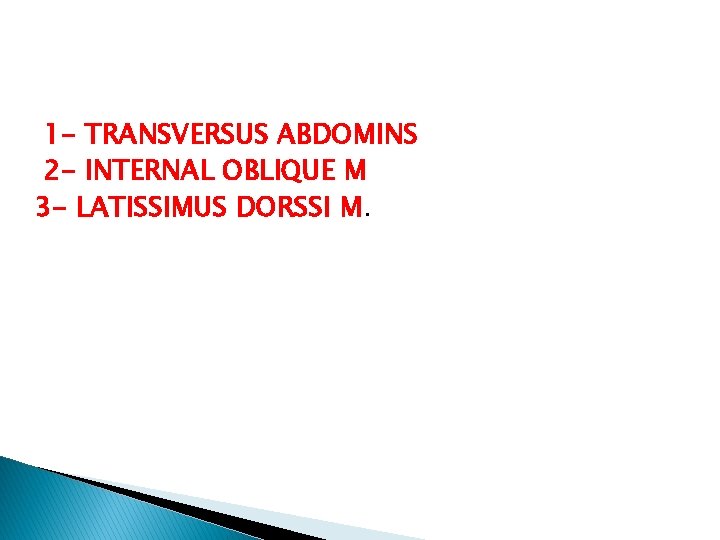 1 - TRANSVERSUS ABDOMINS 2 - INTERNAL OBLIQUE M 3 - LATISSIMUS DORSSI M.