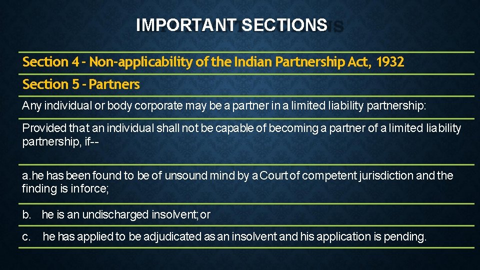 IMPORTANT SECTIONS Section 4 - Non-applicability of the Indian Partnership Act, 1932 Section 5