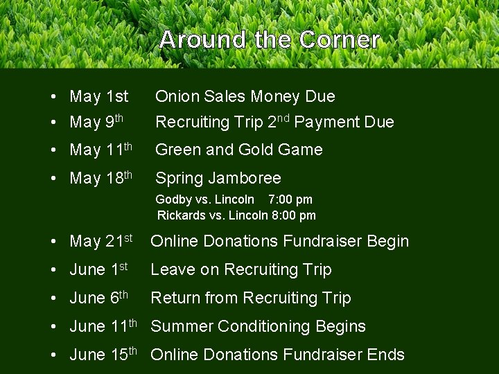 Around the Corner • May 1 st • May 9 th Onion Sales Money
